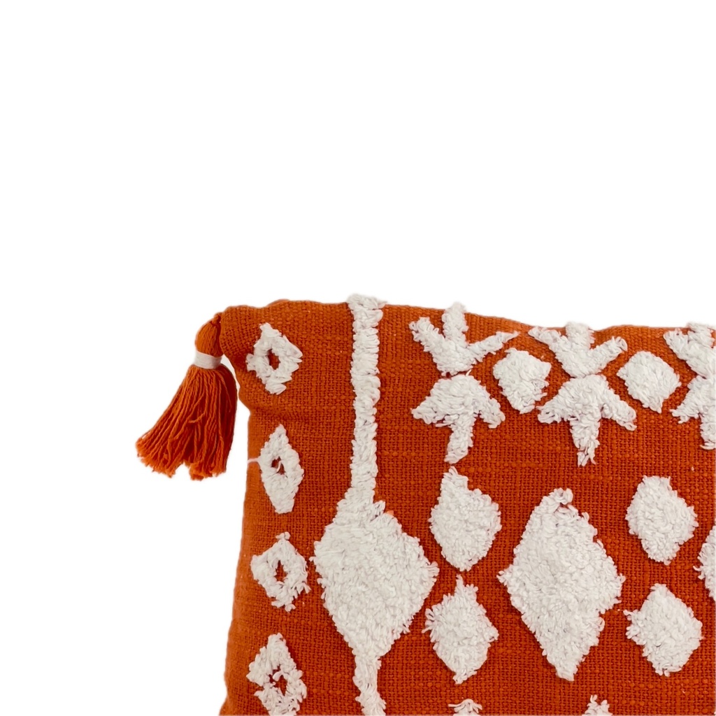 Cojín ocre/blanco con borlas 30x50cm