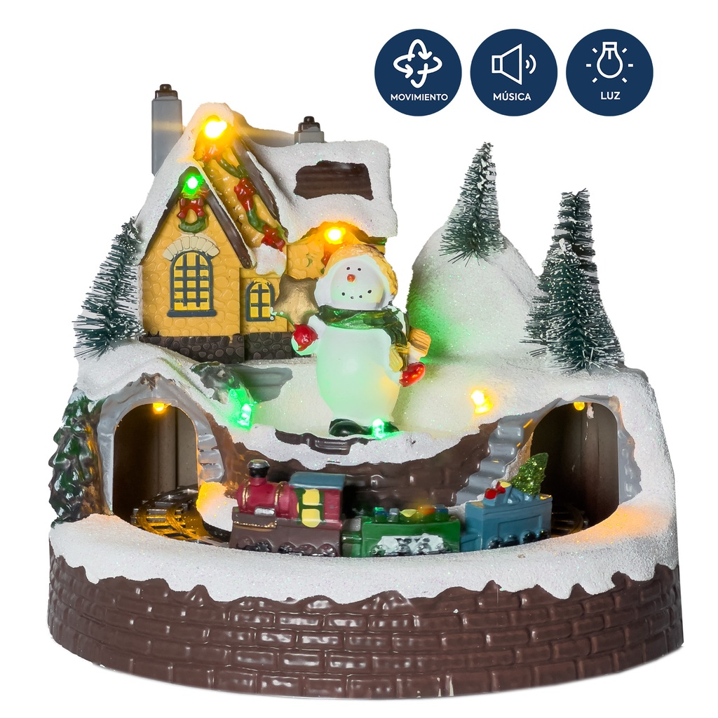 Casa navidad con luz y sonido 20cm mono de nieve tren