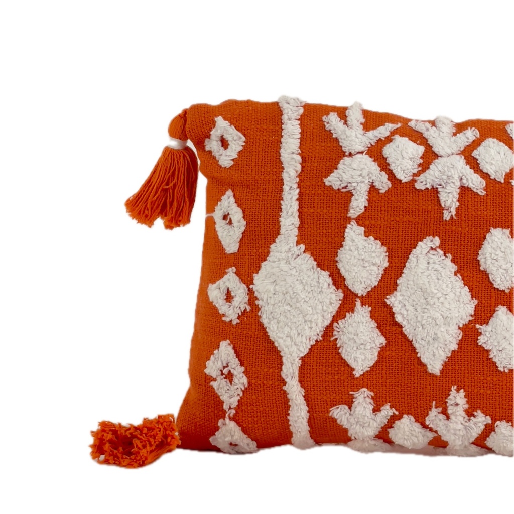 Cojín ocre/blanco con borlas 30x50cm