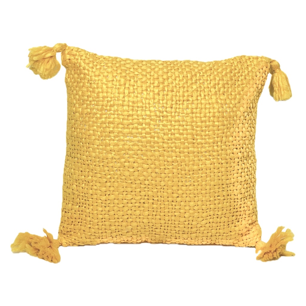Cojín 40x40cm amarillo con borlas 