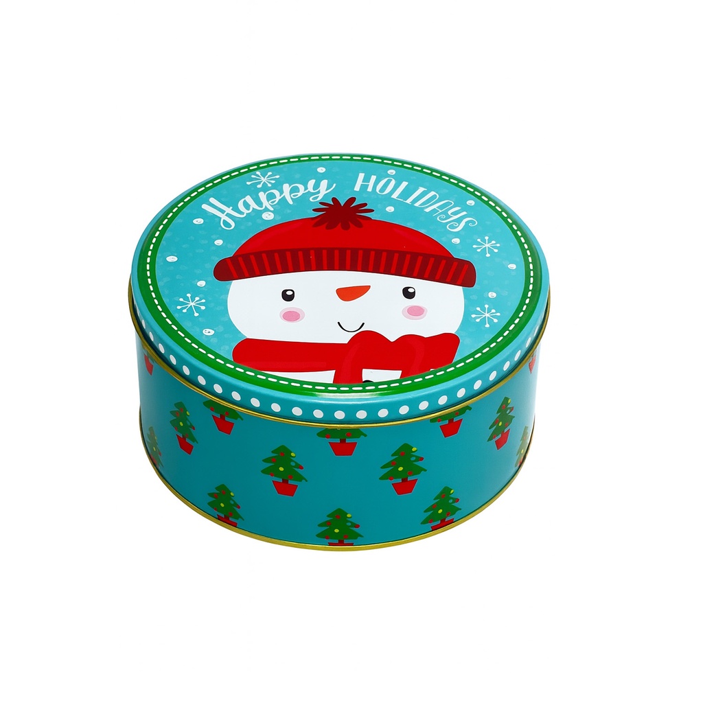 Caja lata navidad redonda pascuero celeste 17cm