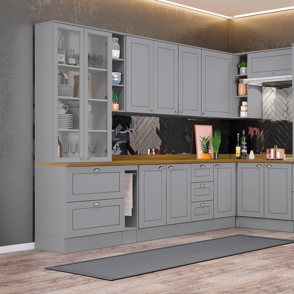 Vitrina 2 Puertas 2 Cajones Vidrio Americana Gris